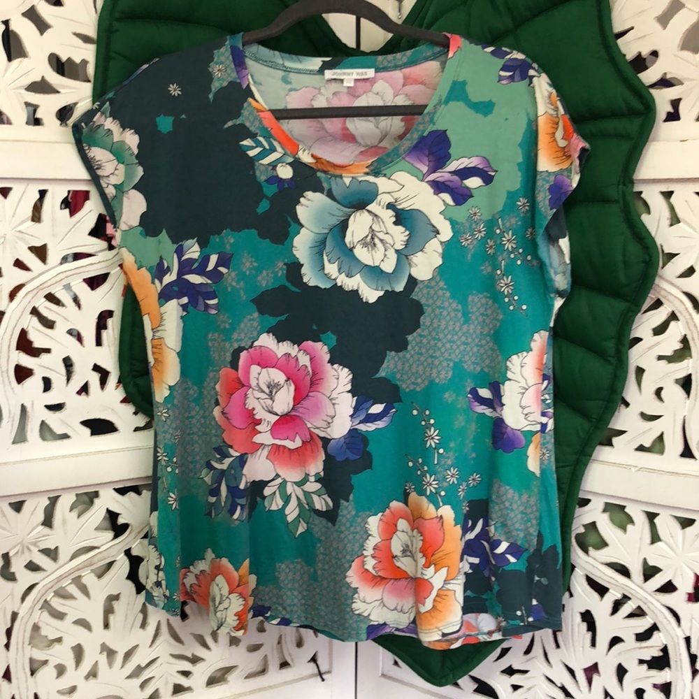 Johnny Was floral tee, size M. Teal and pink. Crop sleeve. P2P approx 21”.